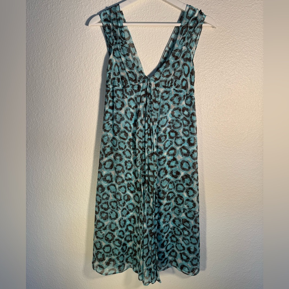 Diane Von Furstenberg Silk Dress with Deep V-Neck in Teal and Brown Pattern
